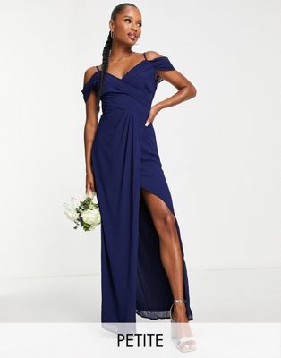 TFNC Petite Bridesmaid drape shoulder wrap dress in navy blue