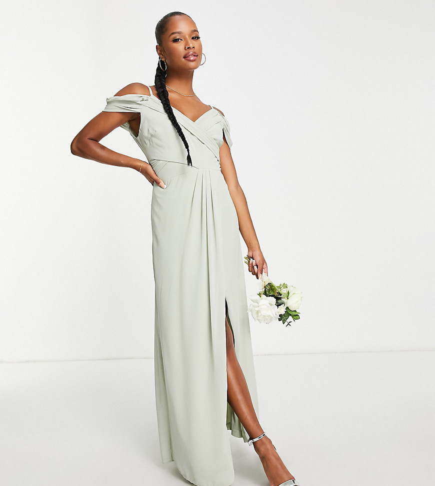 TFNC Petite Bridesmaid drape shoulder wrap dress in sage green