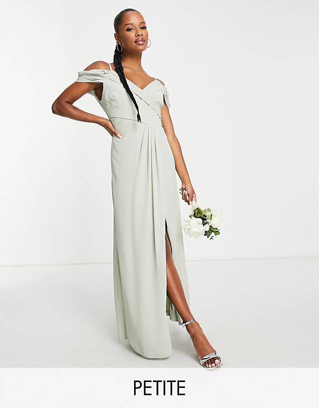 TFNC Petite - bridesmaid drape shoulder wrap dress in sage green