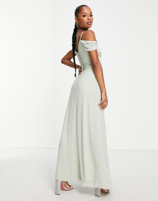 TFNC Petite Bridesmaid drape shoulder wrap dress in sage green