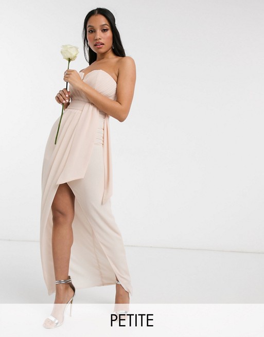 TFNC Petite bridesmaid exclusive bandeau wrap midaxi dress with pleated detail in light blush