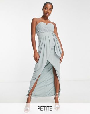 TFNC Petite bridesmaid exclusive bandeau wrap midaxi dress with pleated detail in sage