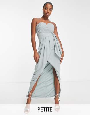 TFNC Petite bridesmaid exclusive bandeau wrap midaxi dress with pleated detail in sage