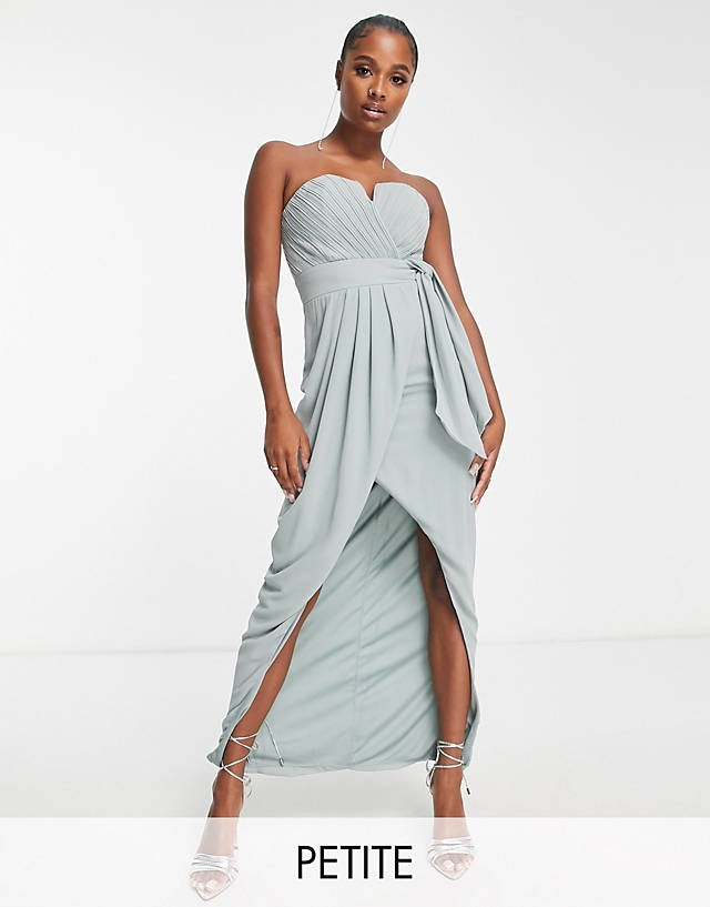 TFNC Petite - bridesmaid exclusive bandeau wrap midaxi dress with pleated detail in sage