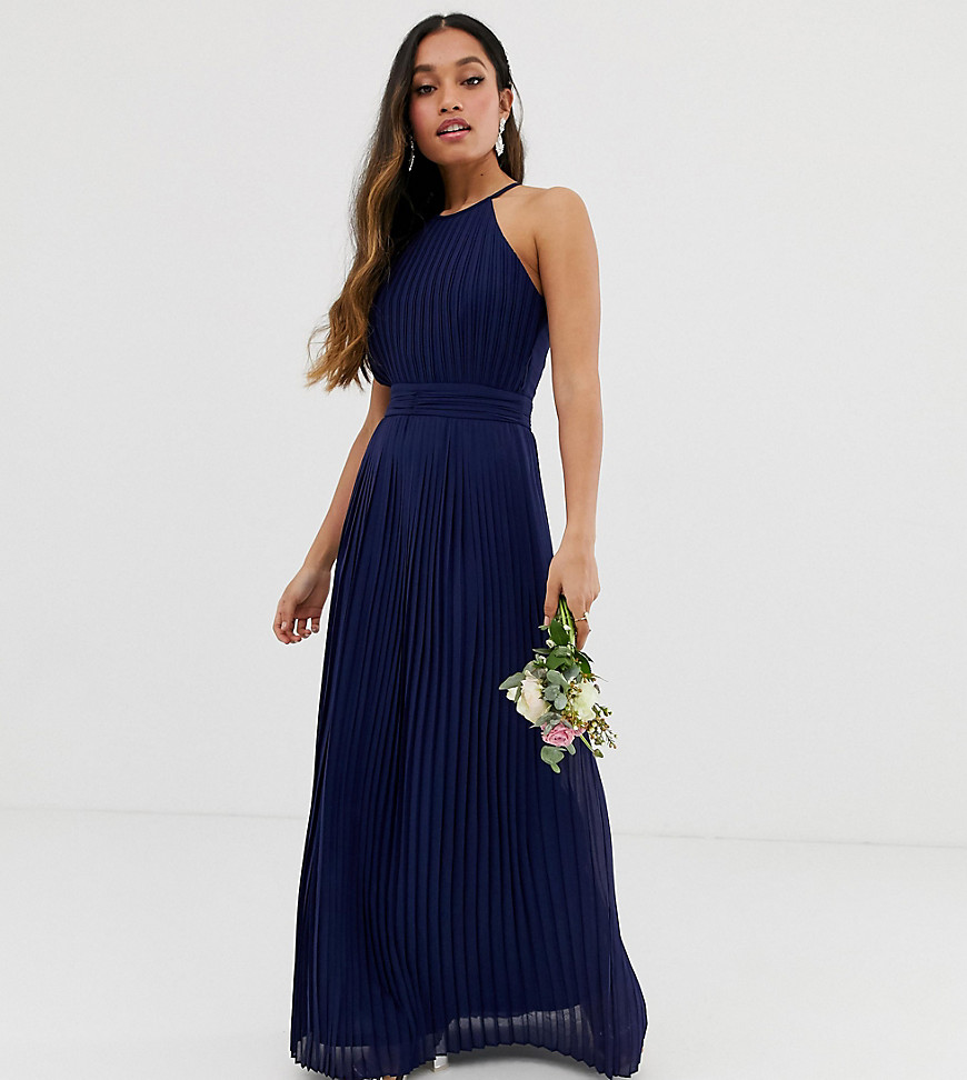TFNC Petite bridesmaid exclusive high neck pleated maxi dress in navy