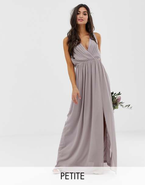 TFNC Petite bridesmaid exclusive pleated maxi dress with back detail in grey