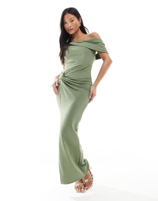 asos TFNC Petite Bridesmaid fallen shoulder maxi dress with split in dark green