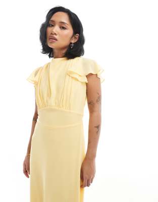 Tfnc Petite Bridesmaid Flutter Sleeve Cowl Back Chiffon Maxi Dress In Yellow