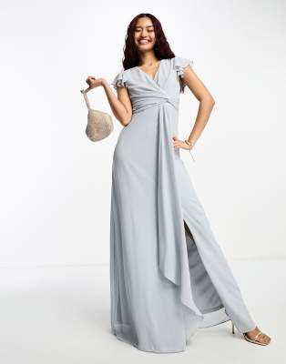 Tfnc Petite Bridesmaid Flutter Sleeve Maxi Dress In Gray-yellow