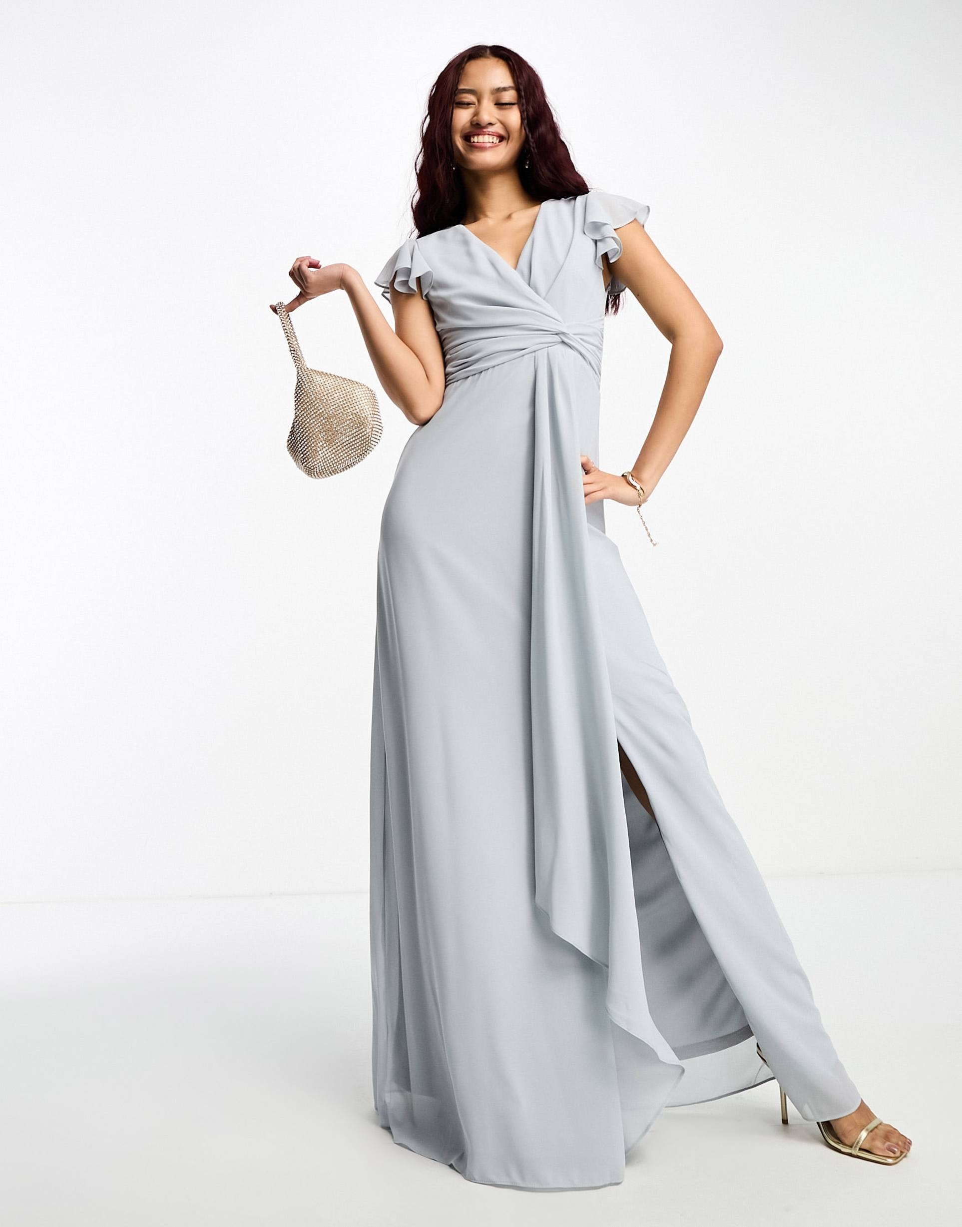 tfnc petite bridesmaid flutter sleeve maxi dress in gray