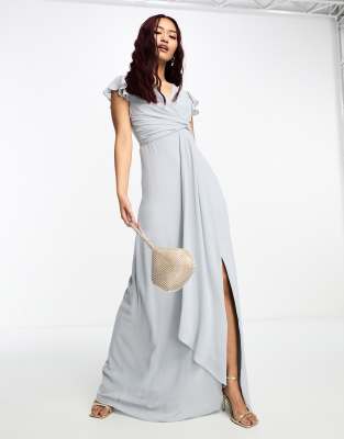 TFNC Petite Bridesmaid flutter sleeve maxi dress in gray | ASOS