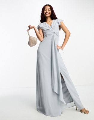 TFNC Petite Bridesmaid flutter sleeve maxi dress in grey