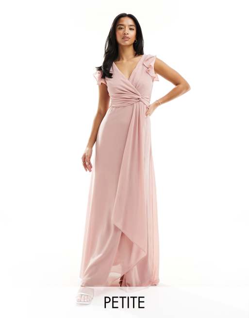  TFNC Petite Bridesmaid flutter sleeve ruffle detail maxi dress in blush