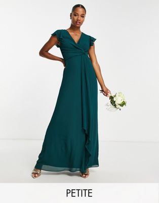 TFNC Petite Bridesmaid flutter sleeve ruffle detail maxi dress in emerald