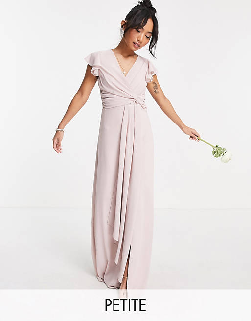 TFNC Petite bridesmaid flutter sleeve ruffle detail maxi dress in mink