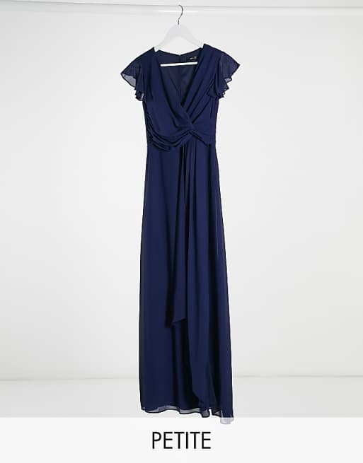 TFNC Petite bridesmaid flutter sleeve ruffle detail maxi dress in navy | ASOS