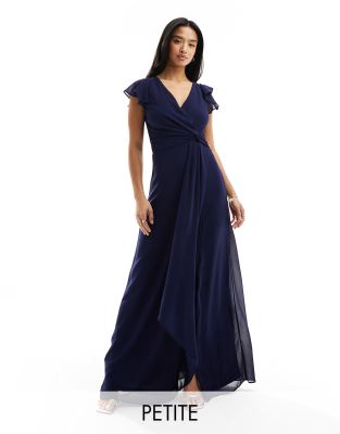 bridesmaid flutter sleeve ruffle detail maxi dress in navy