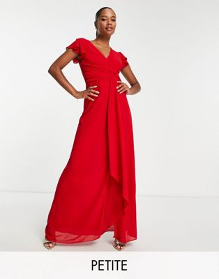 TFNC Petite Bridesmaid flutter sleeve ruffle detail maxi dress in red