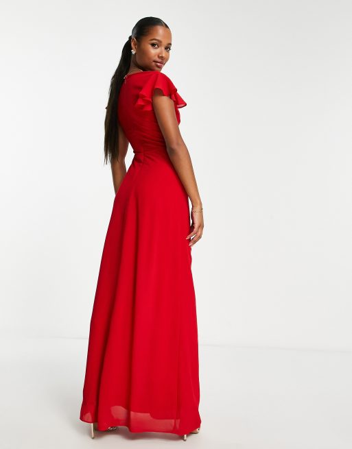 TFNC Petite Bridesmaid flutter sleeve ruffle detail maxi dress in red