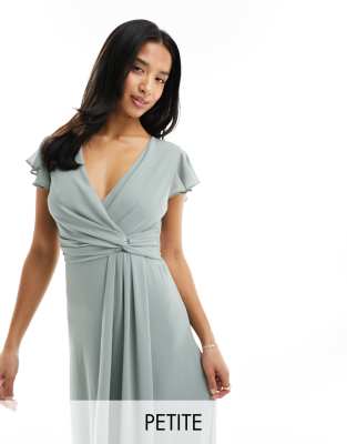 Shop Tfnc Petite Bridesmaid Flutter Sleeve Ruffle Detail Maxi Dress In Sage-green