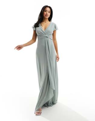 TFNC Petite Bridesmaid flutter sleeve ruffle detail maxi dress in sage |  ASOS