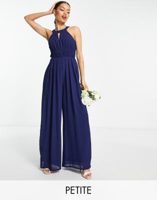 TFNC Petite Bridesmaid halter jumpsuit in navy blue Sale