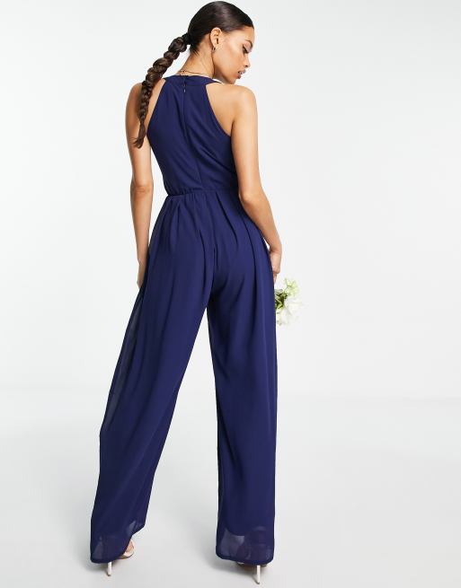 TFNC Bridesmaid halter jumpsuit in navy blue