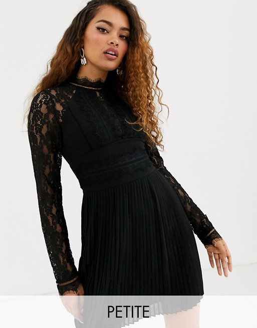 TFNC Petite Bridesmaid high neck long sleeve pleated mini dress with lace inserts in black