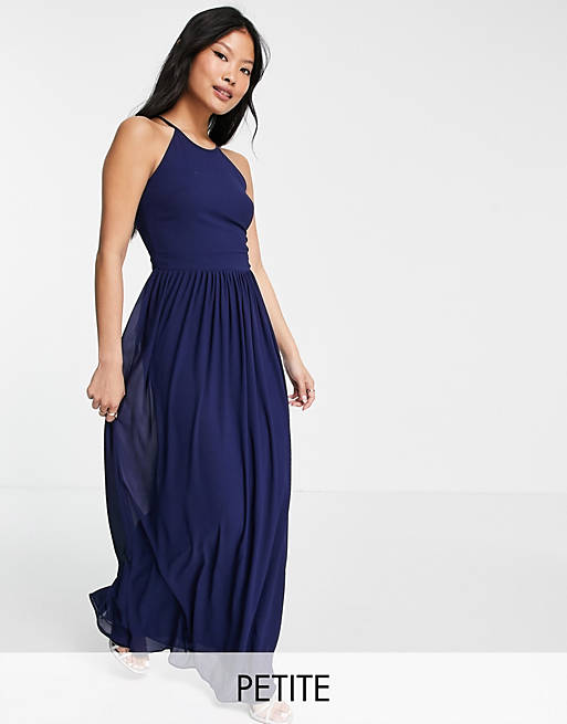 TFNC Petite Bridesmaid high neck pleated maxi dress in navy