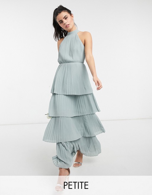 TFNC Petite bridesmaid high neck tiered maxi dress in sage
