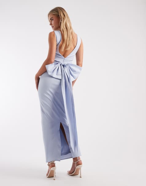 TFNC Petite Bridesmaid Jenna bengaline maxi dress with detachable bow back in blue - view 1