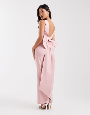 Tfnc Petite Bridesmaid Jenna Bengaline Maxi Dress With Detachable Bow Back In Pink