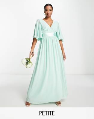 TFNC Petite Bridesmaid kimono sleeve pleated maxi dress with angel sleeve in fresh sage  - ASOS Price Checker