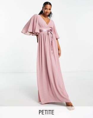 Tfnc Petite Bridesmaid Kimono Sleeve Pleated Maxi Dress With Angel Sleeve In Lavender-purple