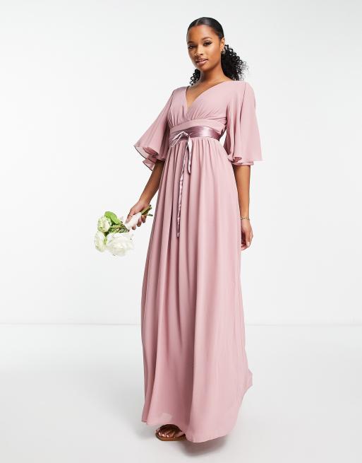 TFNC Petite Bridesmaid kimono sleeve pleated maxi dress with angel sleeve in lavender