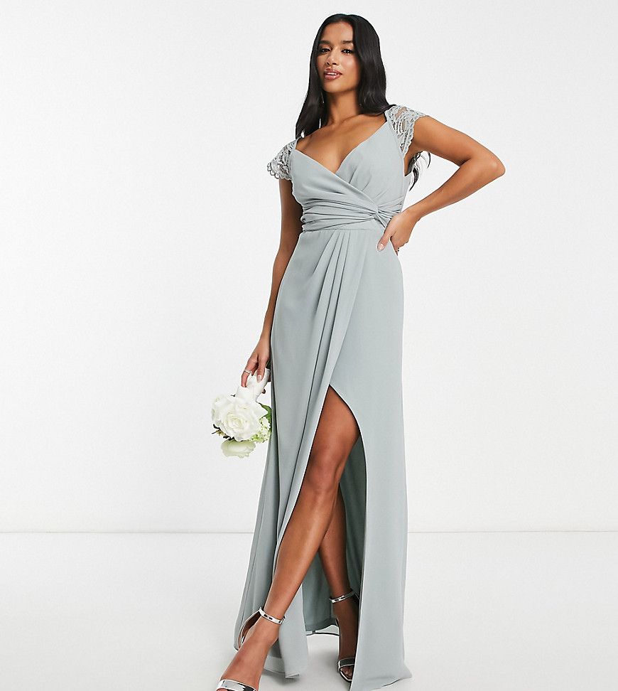 TFNC Petite Bridesmaid lace back maxi dress in sage green