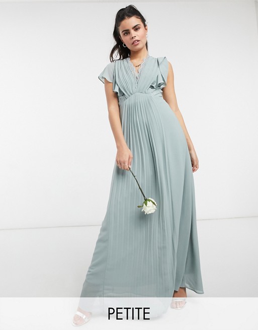 TFNC Petite bridesmaid lace detail maxi dress with flutter sleeve in sage