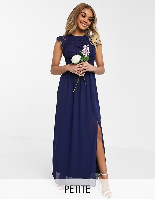 TFNC Petite bridesmaid lace open back maxi dress in navy