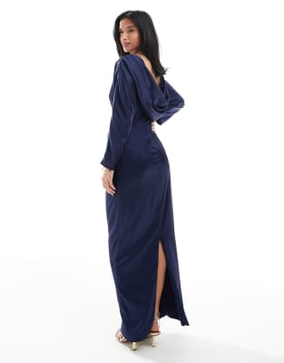 Bridesmaid long sleeve satin cowl back maxi dress in navy