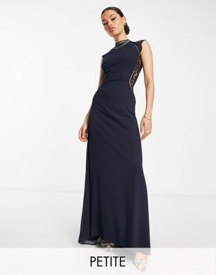 TFNC Petite Bridesmaid maxi dress with lace back in navy