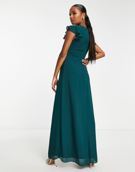 TFNC Petite Bridesmaid Maxikleid in Smaragdgrun mit Flugelarmeln und Ruschen ASOS