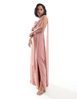 Bridesmaid one shoulder drape maxi dress with wrap skirt in dusky pink