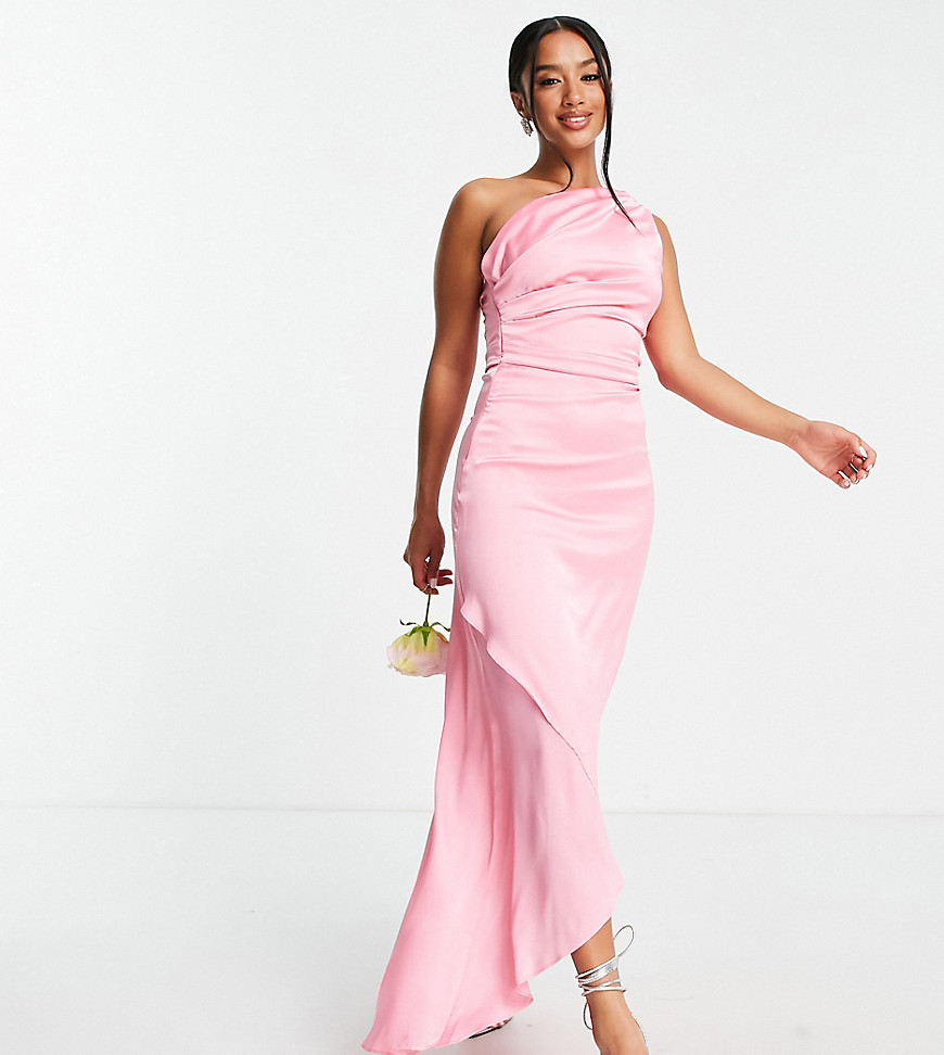 TFNC Petite Bridesmaid one shoulder maxi dress in bubblegum pink