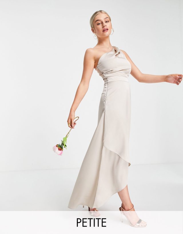 TFNC Petite Bridesmaid one shoulder maxi dress in mink