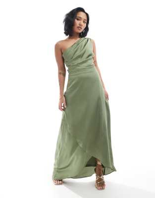 Bridesmaid one shoulder satin maxi dress with wrap skirt in dark green