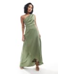 [TFNC Petite] TFNC Petite Bridesmaid one shoulder satin maxi dress with wrap skirt in dark green 6 Dark Green