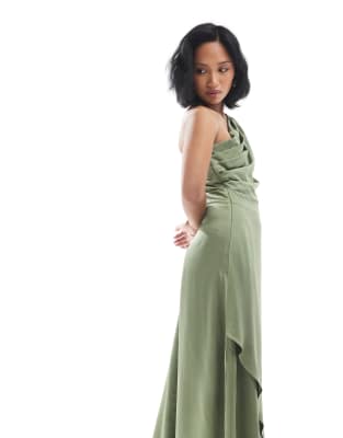 Tfnc Petite Bridesmaid One Shoulder Satin Maxi Dress With Wrap Skirt In Green