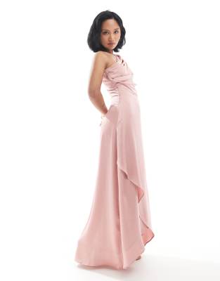 Bridesmaid one shoulder satin maxi dress with wrap skirt in dusky pink