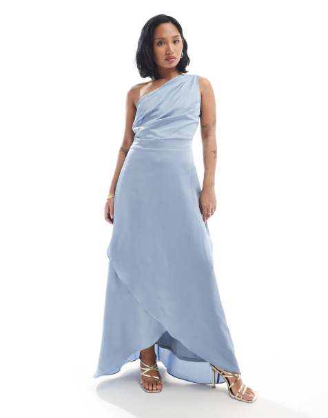TFNC Petite Bridesmaid one shoulder satin maxi dress with wrap skirt in dusty blue - view 1