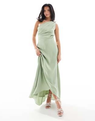 Bridesmaid one shoulder satin maxi dress with wrap skirt in sage green